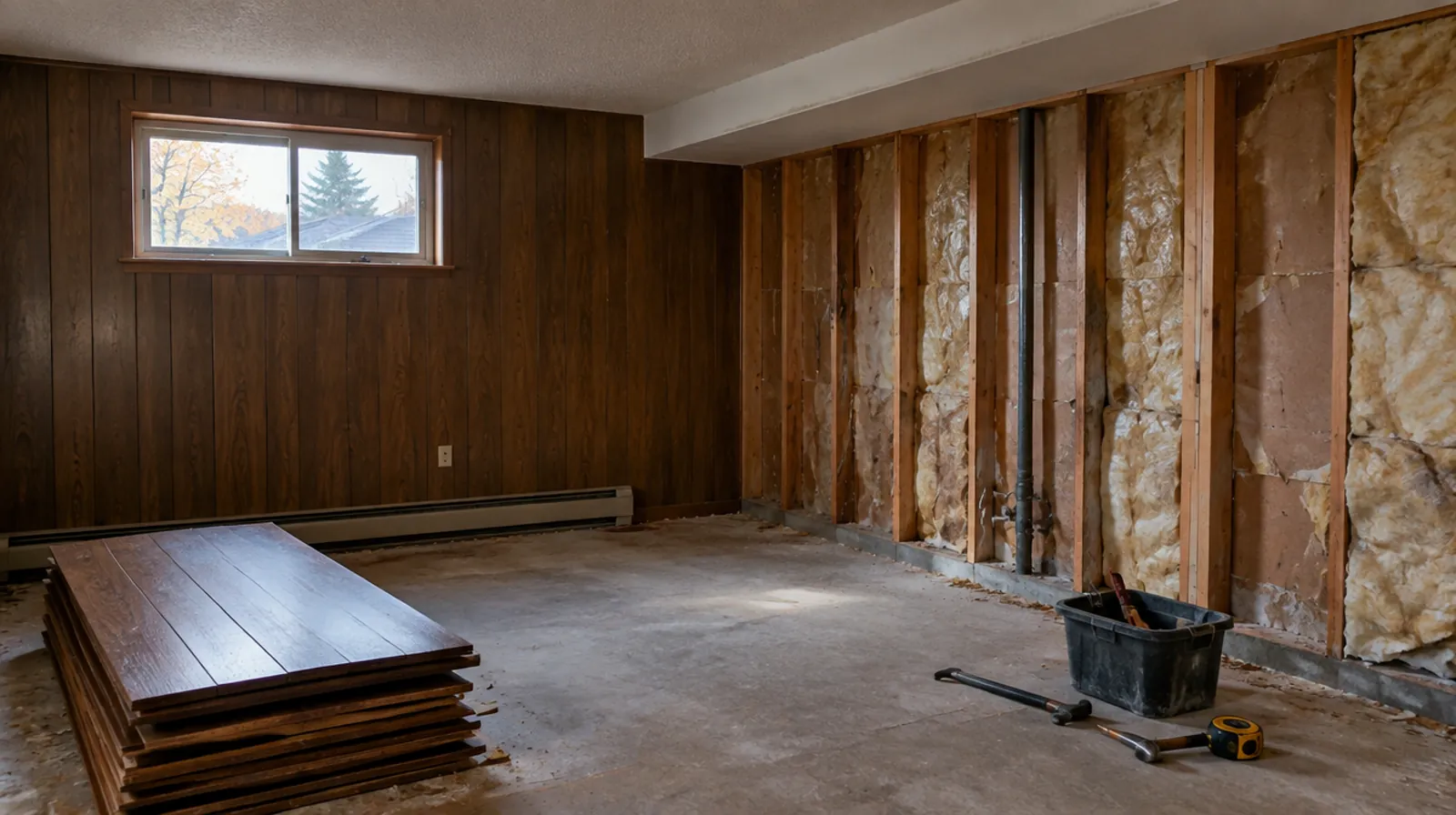 Dated Lakewood split-level basement with wood paneling partly removed during demolition